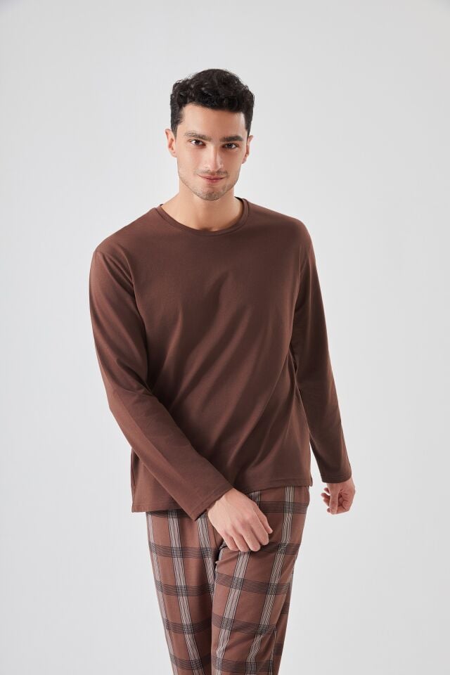 Erkek Pamuklu Uzun Kollu Ekose Desenli Pijama Takımı Kahverengi - M