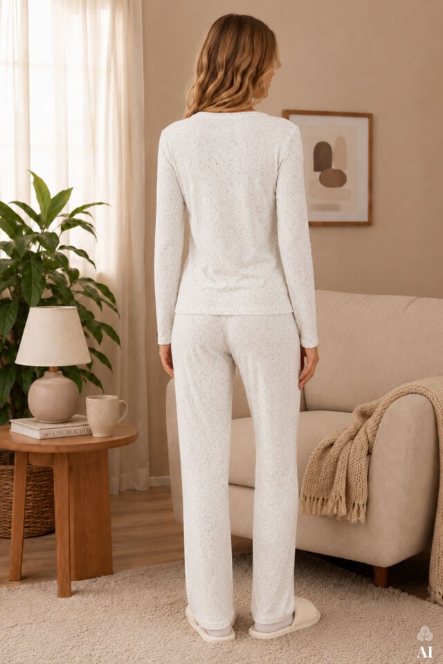 Kadın Pamuklu Çıtır Çiçek Desenli Yaka Dantel Detaylı Uzun Kollu Pijama Takımı Yeşil - Beyaz - 6XL