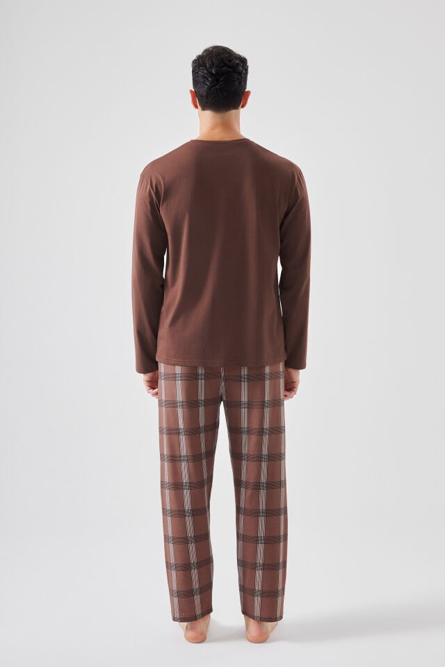 Erkek Pamuklu Uzun Kollu Ekose Desenli Pijama Takımı Kahverengi - XL