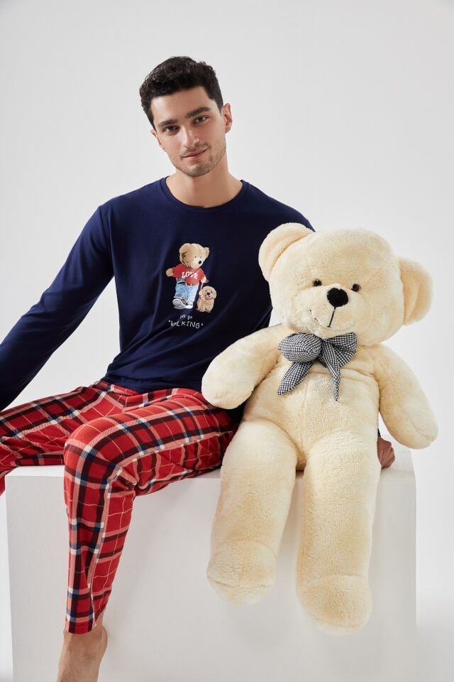 Erkek Yumuşak Dokulu Ayıcık Baskılı Ekose Desenli Pijama Takımı Lacivert - Kırmızı - S
