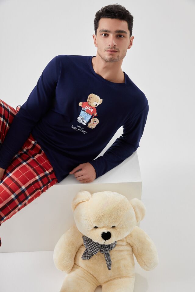 Erkek Yumuşak Dokulu Ayıcık Baskılı Ekose Desenli Pijama Takımı Lacivert - Kırmızı - S