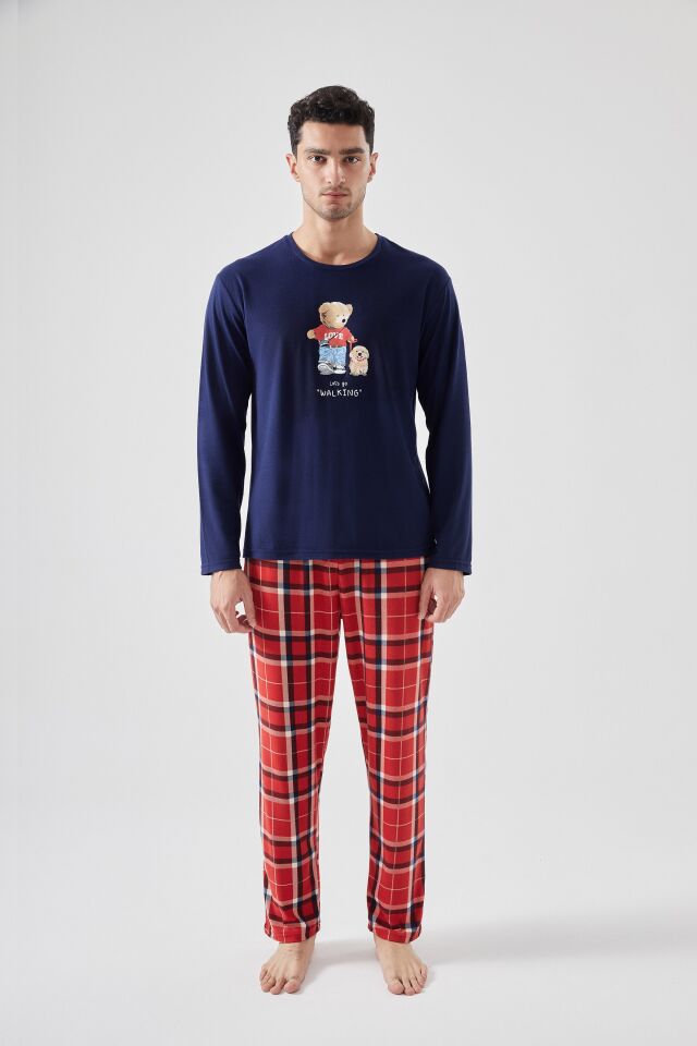 Erkek Yumuşak Dokulu Ayıcık Baskılı Ekose Desenli Pijama Takımı Lacivert - Kırmızı - S