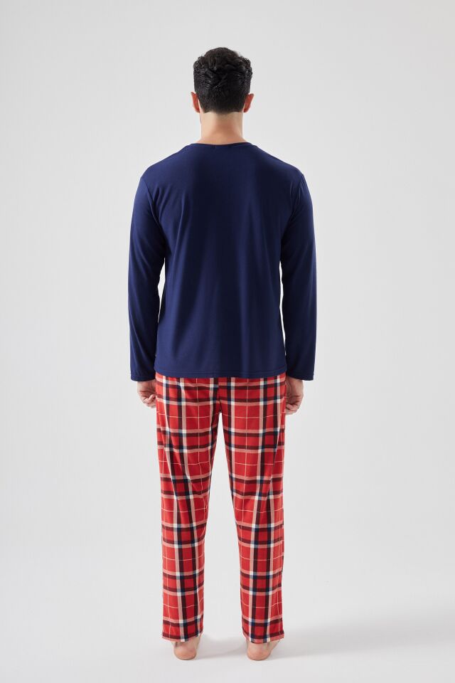 Erkek Yumuşak Dokulu Ayıcık Baskılı Ekose Desenli Pijama Takımı Lacivert - Kırmızı - S