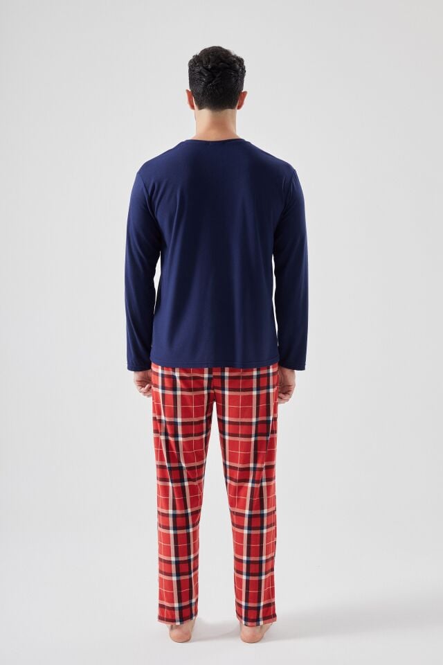 Erkek Yumuşak Dokulu Ayıcık Baskılı Ekose Desenli Pijama Takımı Lacivert - Kırmızı - S