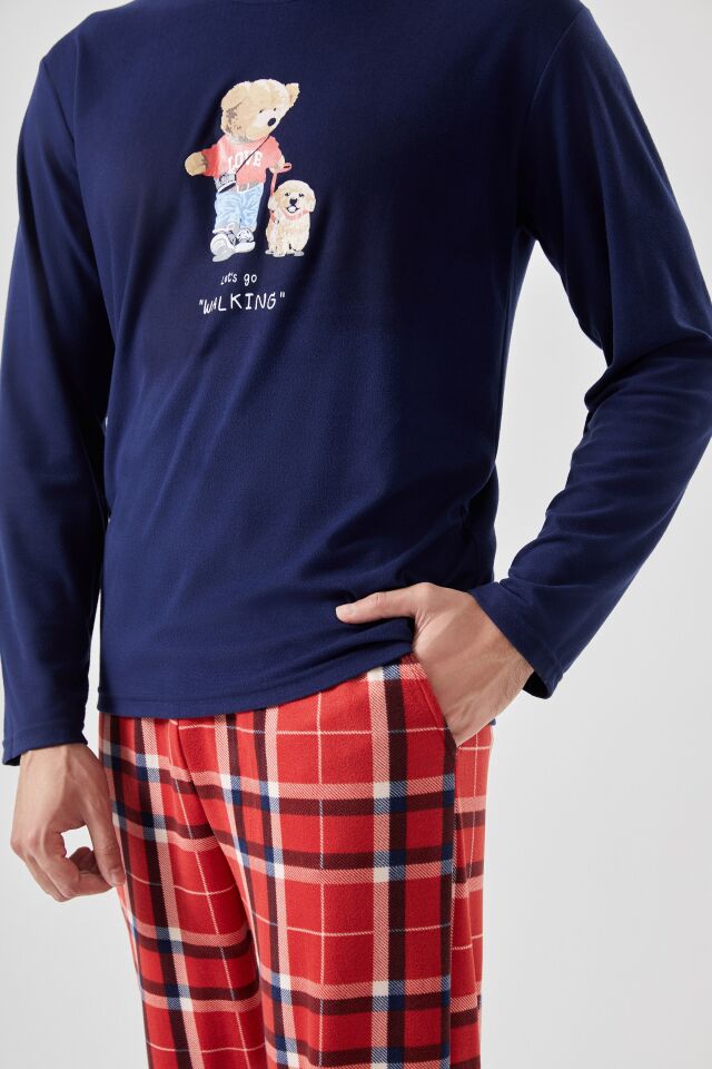 Erkek Yumuşak Dokulu Ayıcık Baskılı Ekose Desenli Pijama Takımı Lacivert - Kırmızı - S