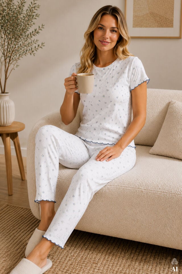 Kadın Pamuklu Çıtır Çiçek Desenli Baby Overloklu Kısa Kollu Pijama Takımı Mavi - Beyaz - XL