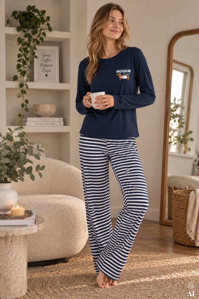 Kadın Pamuklu Çizgili Desenli Baskı Detaylı Pijama Takımı Mavi - Beyaz - XL