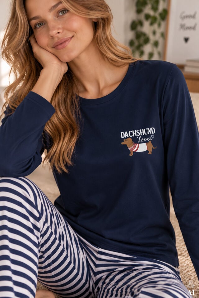 Kadın Pamuklu Çizgili Desenli Baskı Detaylı Pijama Takımı Mavi - Beyaz - XL