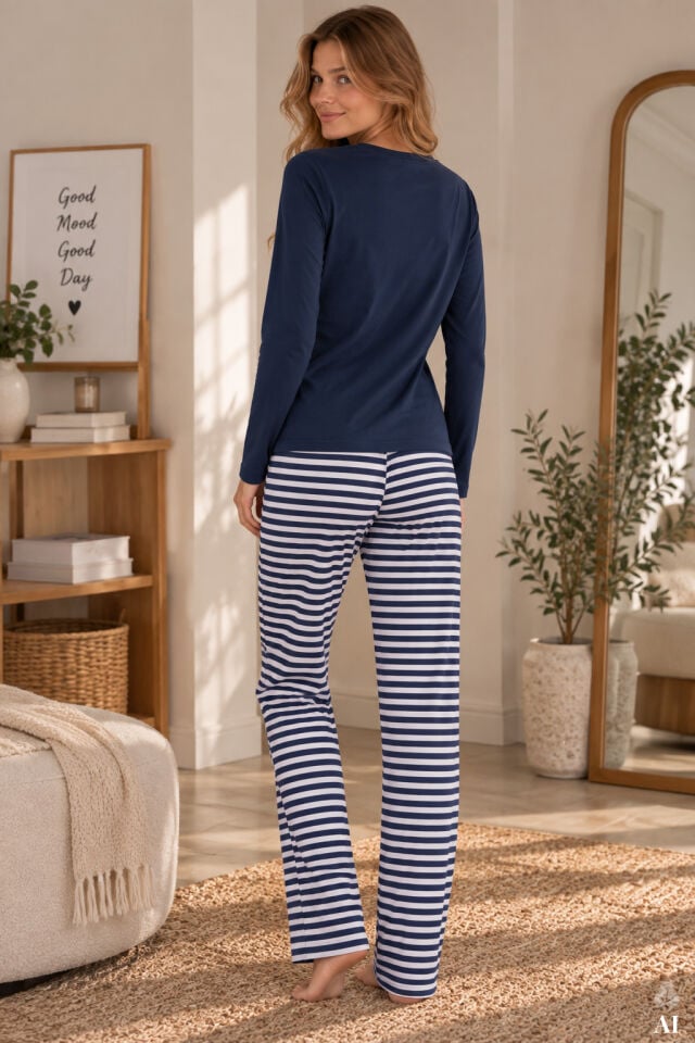 Kadın Pamuklu Çizgili Desenli Baskı Detaylı Pijama Takımı Mavi - Beyaz - XL