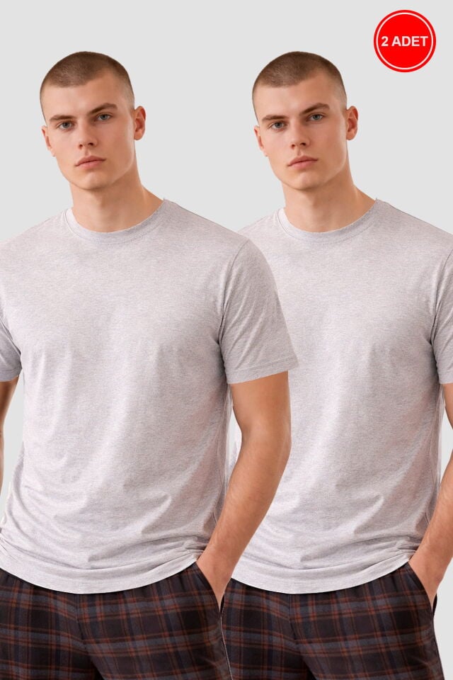Erkek 2'li Basic Likralı T-Shirt KO103ET-1 Gri Melanj - 2XL - KO103ET-1 Gri Melanj - 2XL