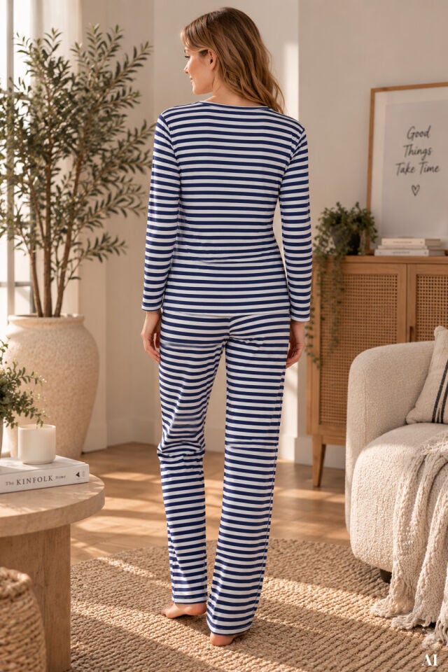 Kadın Pamuklu Çizgili Desenli Oversize Üst Bol Paça Pijama Takımı Mavi - Beyaz - XL