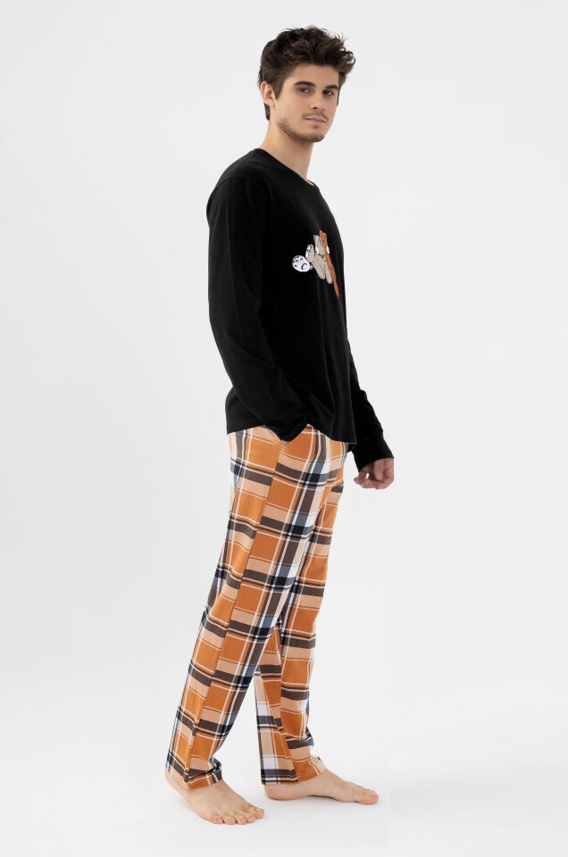 Erkek Pamuklu Uzun Kollu Ayıcık Baskılı Alt Ekose Cep Detaylı Pijama Takımı