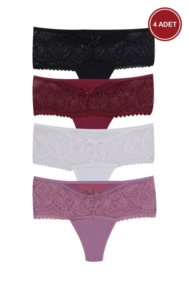 Kadın 4'lü Dantel Detaylı Tanga Siyah - Beyaz - Bordo - M/L