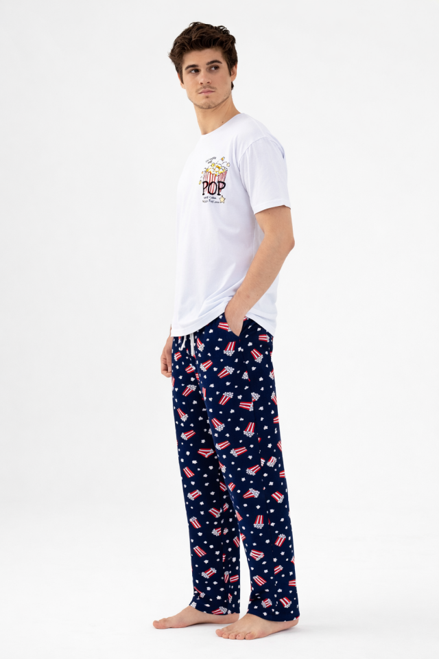 Erkek Kısa Kollu Pamuklu Popcorn Desenli Pijama Takımı Mavi - Beyaz - 2XL