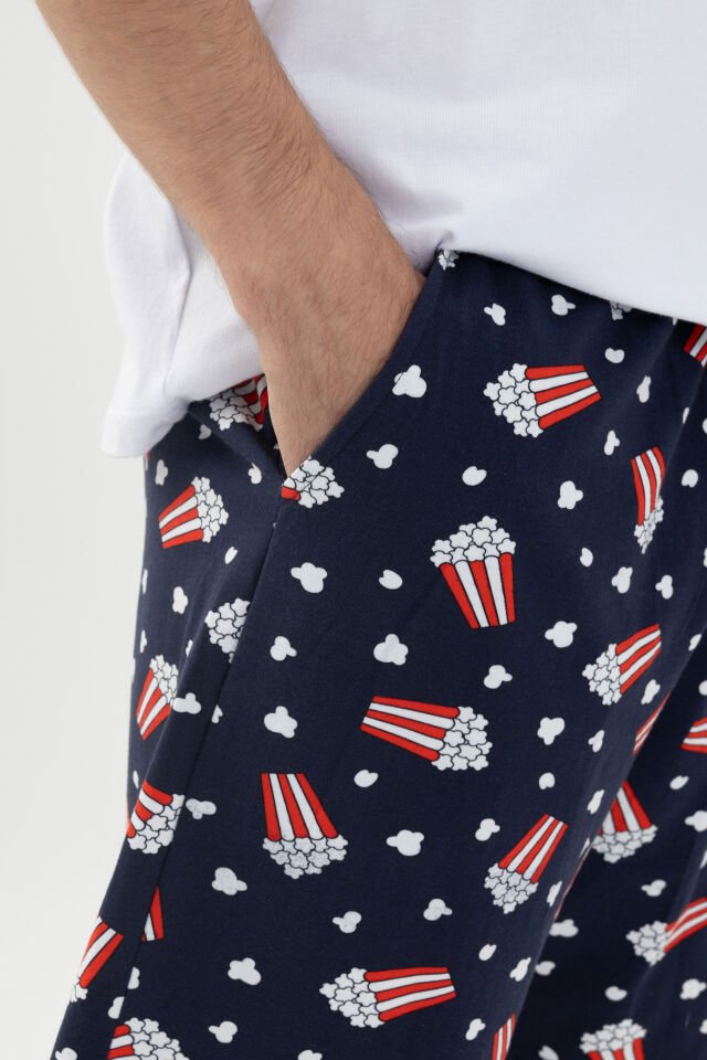 Erkek Kısa Kollu Pamuklu Popcorn Desenli Pijama Takımı Mavi - Beyaz - 2XL
