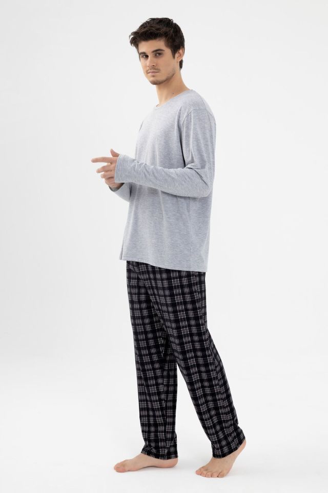 Erkek Likralı Uzun Kollu Gri Melanj Ekose Desenli Cep Detaylı Pijama Takımı