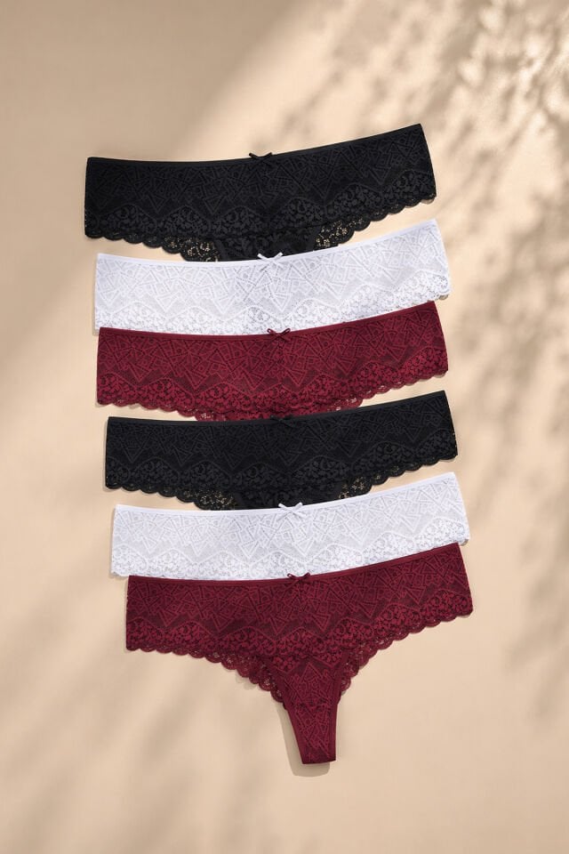 Kadın 6'lı Dantelli Tanga Siyah - Beyaz - Bordo - M/L