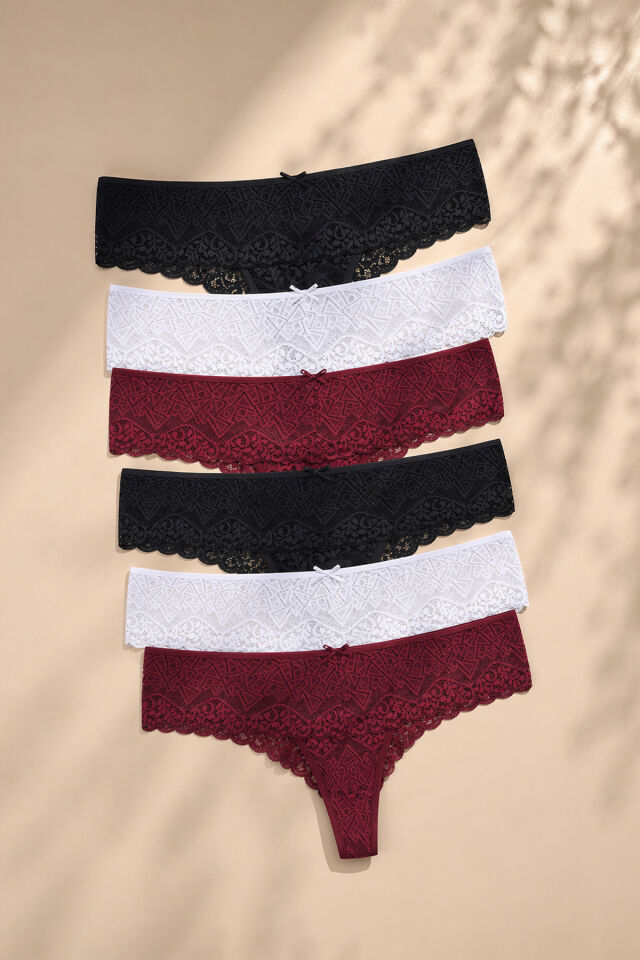 Kadın 6'lı Dantelli Tanga Siyah - Beyaz - Bordo - M/L