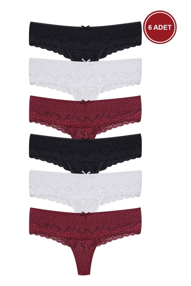 Kadın 6'lı Dantelli Tanga Siyah - Beyaz - Bordo - M/L