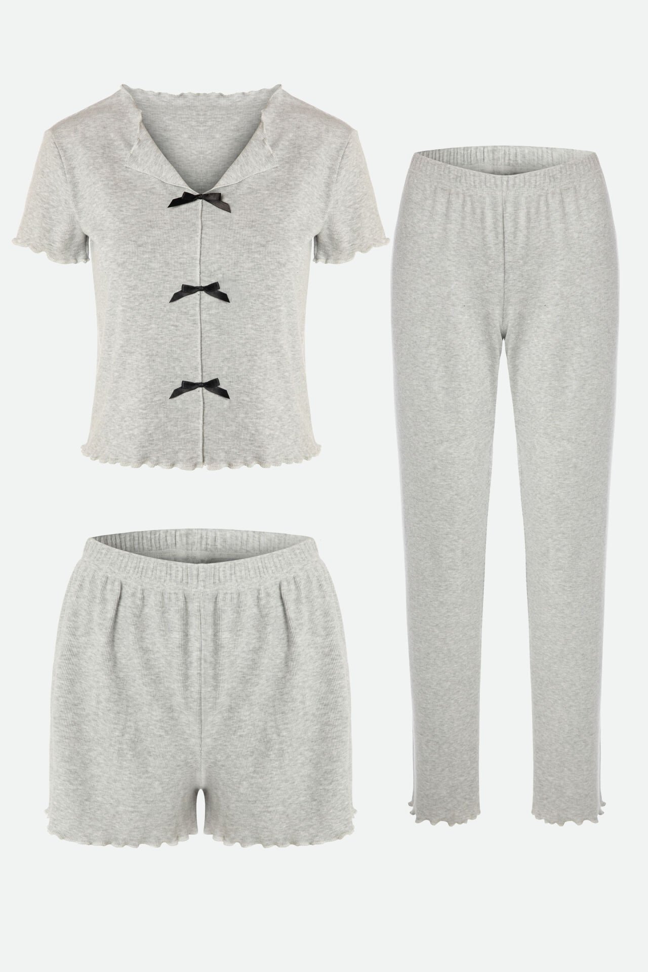 Kadın Pamuklu 3'lü Yeşil Fiyonklu Kaşkorse Pijama Takımı