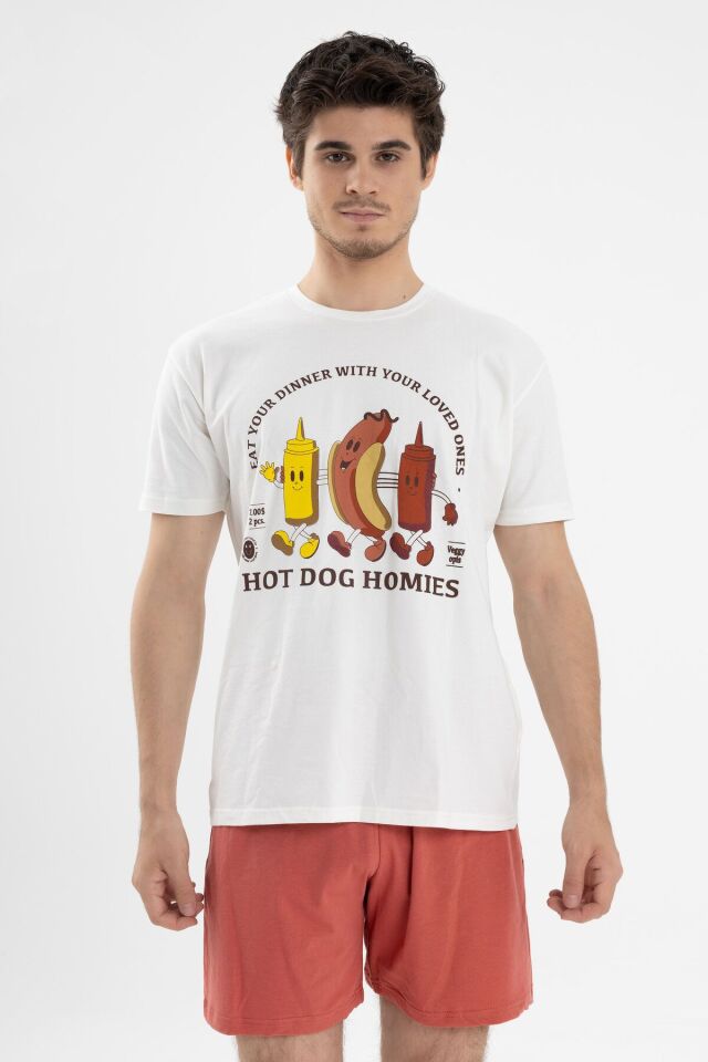 Erkek Kısa Kollu Pamuklu Sosis Baskılı Şortlu Takım KO60102 Sosis Baskılı - S - KO60102 Sosis Baskılı - S