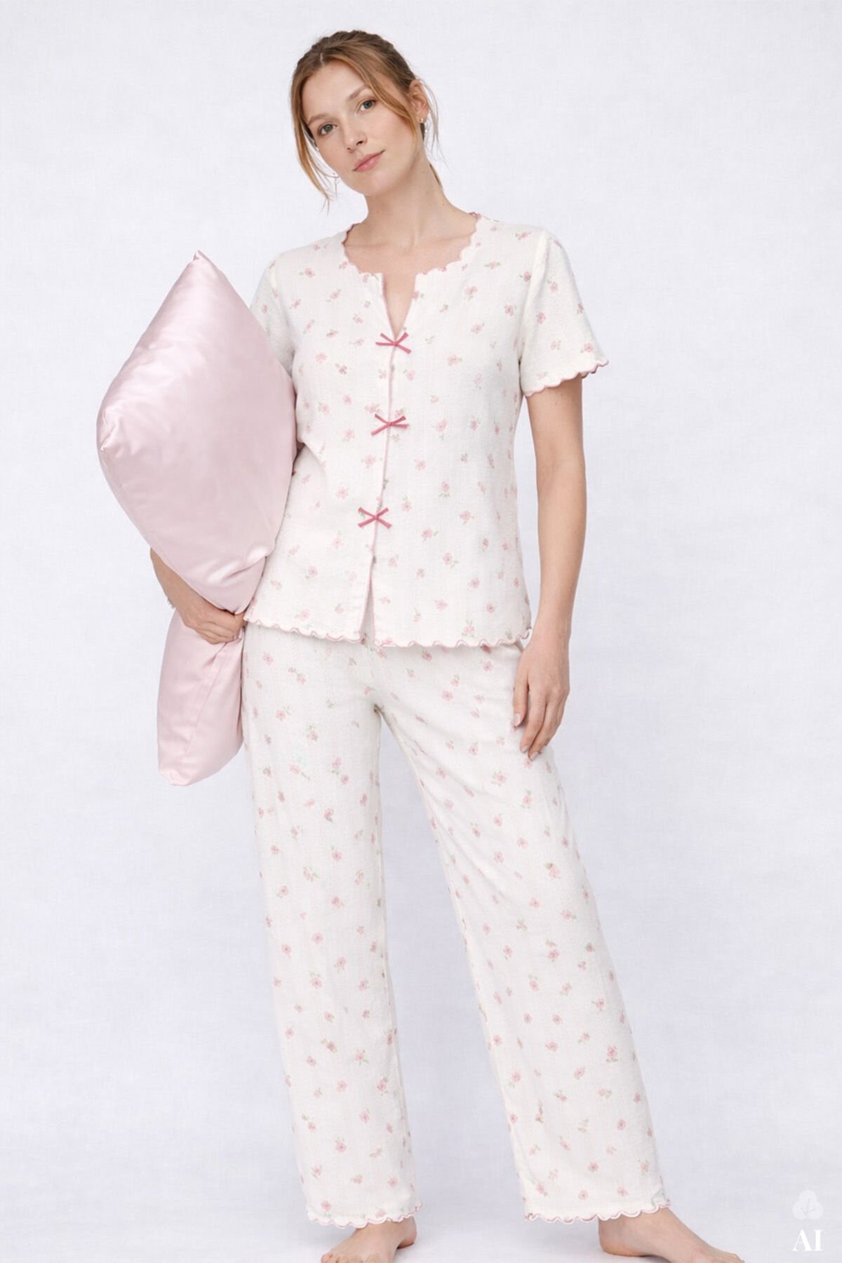 Kadın Kısa Kollu Fiyonklu Fitilli Pijama Takımı Pembe -  Beyaz - M