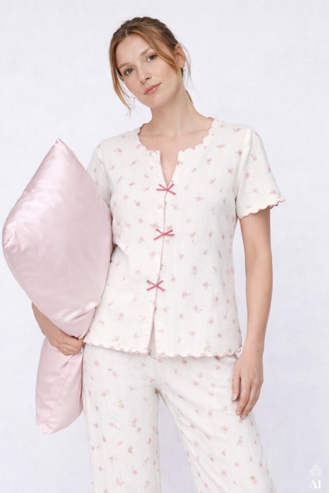 Kadın Kısa Kollu Fiyonklu Fitilli Pijama Takımı Pembe -  Beyaz - M