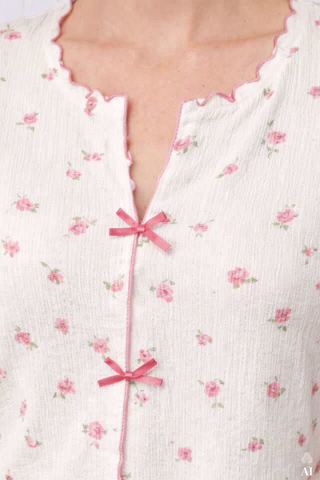 Kadın Kısa Kollu Fiyonklu Fitilli Pijama Takımı Pembe -  Beyaz - M