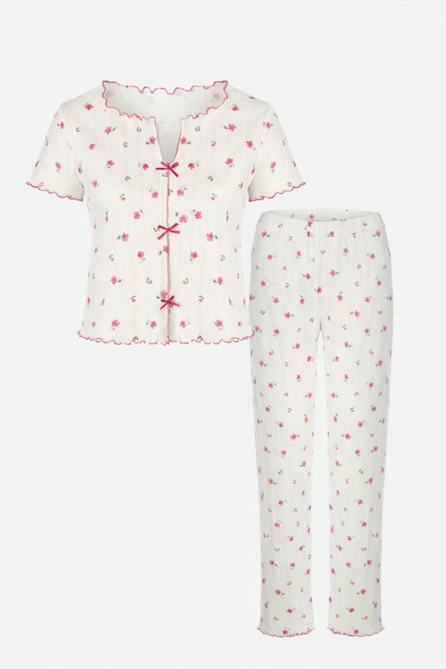 Kadın Kısa Kollu Fiyonklu Fitilli Pijama Takımı Pembe -  Beyaz - M