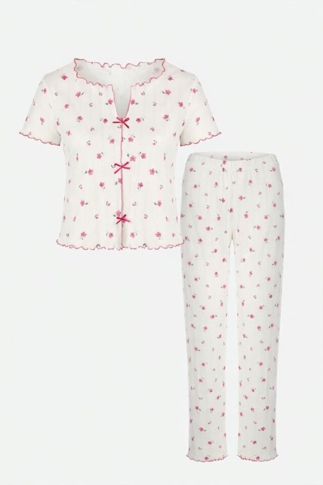 Kadın Kısa Kollu Fiyonklu Fitilli Pijama Takımı Pembe -  Beyaz - M