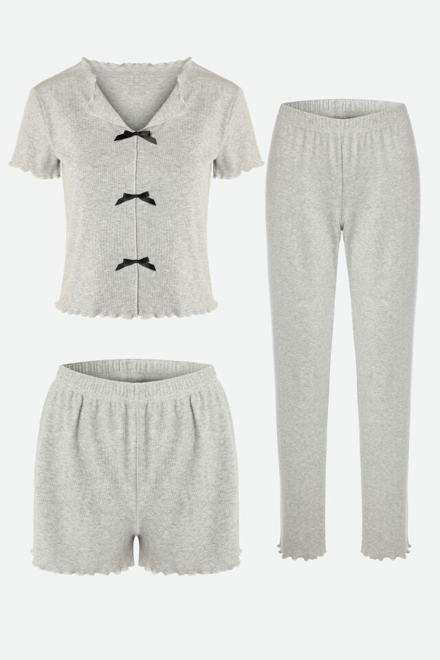 Kadın Pamuklu 3'lü Yeşil Fiyonklu Kaşkorse Pijama Takımı M - Gri - Siyah