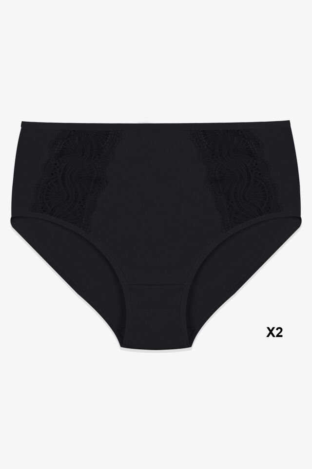 Kadın 4'lü Pamuklu Yan Dantelli Yüksek Bel Curve Külot Siyah -  Bordo - L/XL