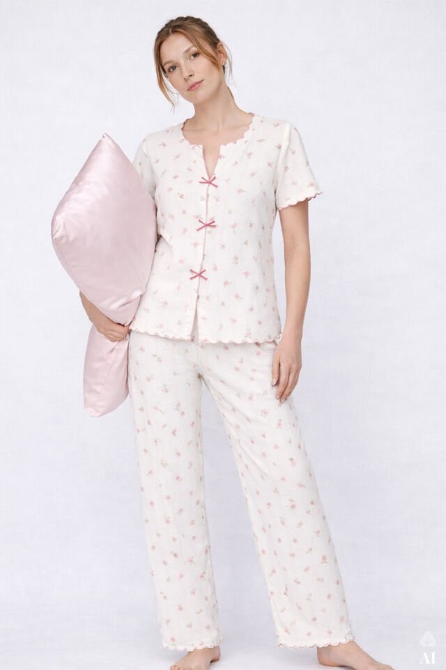 Kadın Kısa Kollu Fiyonklu Fitilli Pijama Takımı Pembe -  Beyaz - XL