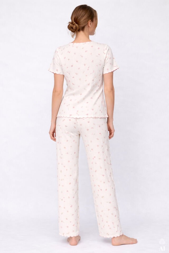 Kadın Kısa Kollu Fiyonklu Fitilli Pijama Takımı Pembe -  Beyaz - XL