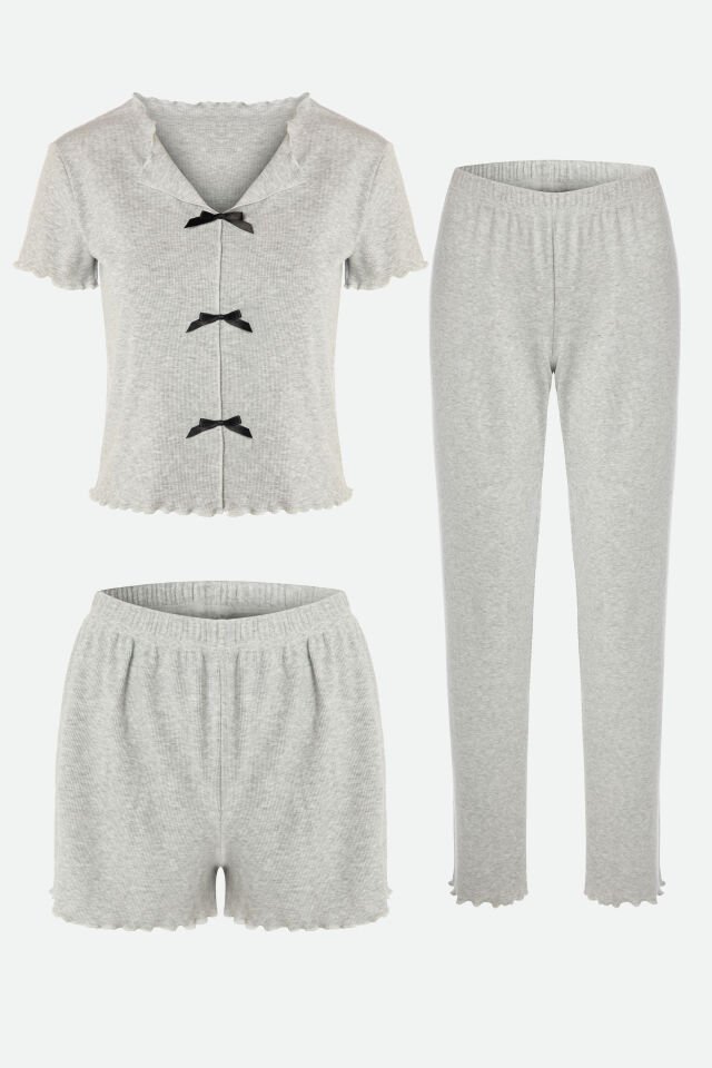 Kadın Pamuklu 3'lü Yeşil Fiyonklu Kaşkorse Pijama Takımı XL - Gri - Siyah