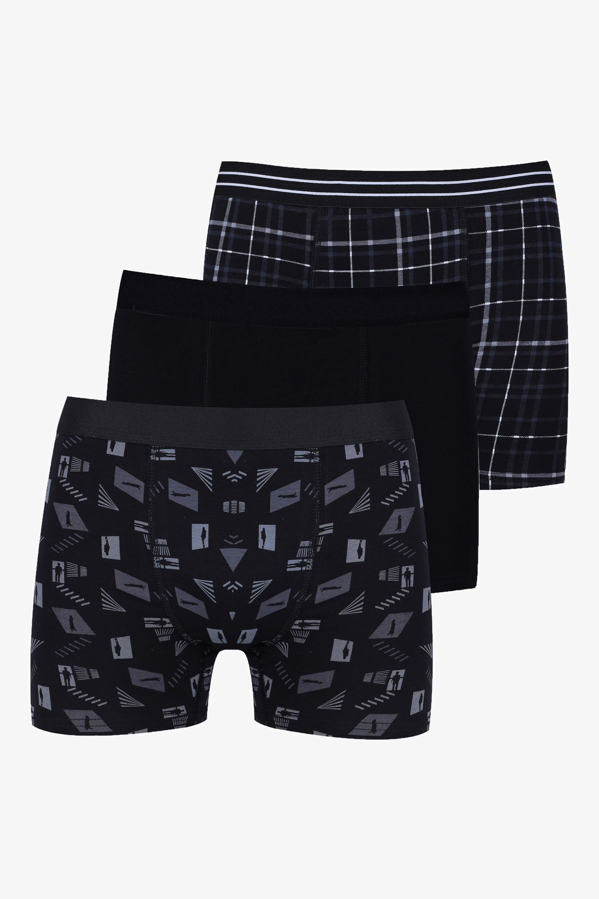 Erkek 3'lü Pamuklu Likralı Boxer Desenlisiyahdesenli - XL