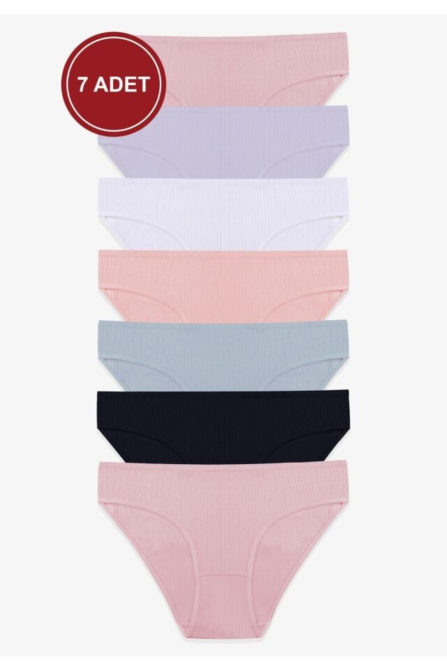 Kadın 7'li Fitilli Pamuklu Ribanalı Külot Çok Renkli - S/M