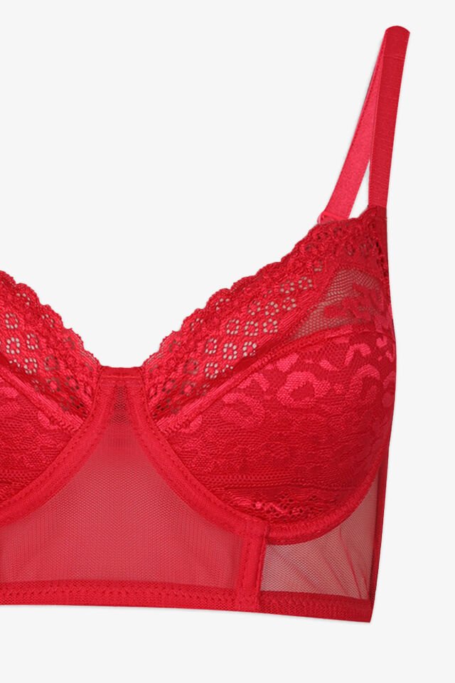 Sevgililer Günü Temalı Kadın Dolgusuz Kırmızı Leopar Desenli Tüllü Büstiyer Takım