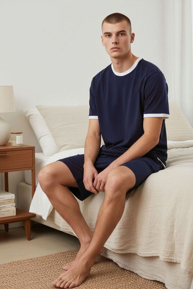 Erkek Pamuklu Lacivert Cepli Şortlu Pijama Takımı Lacivert - Beyaz - XL