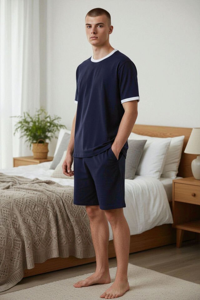 Erkek Pamuklu Lacivert Cepli Şortlu Pijama Takımı Lacivert - Beyaz - XL