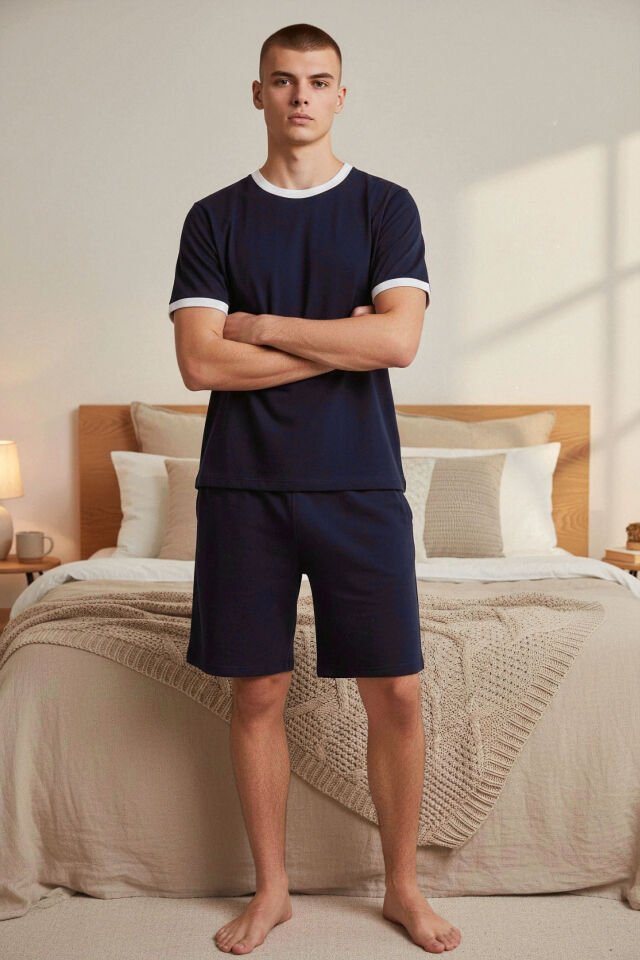 Erkek Pamuklu Lacivert Cepli Şortlu Pijama Takımı Lacivert - Beyaz - XL