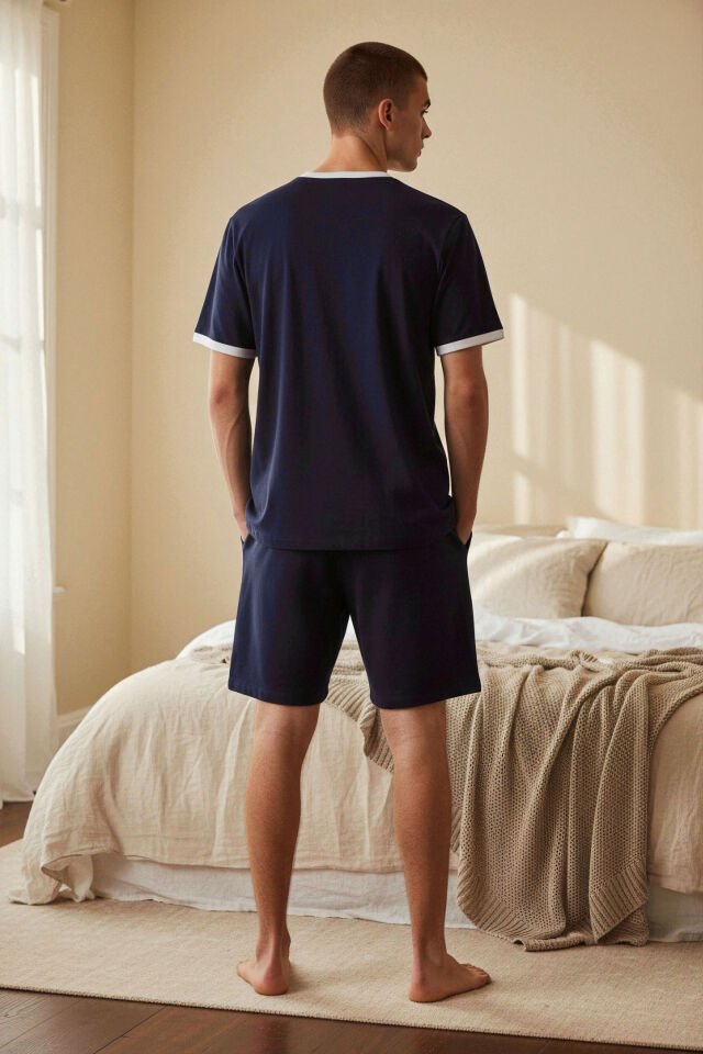 Erkek Pamuklu Lacivert Cepli Şortlu Pijama Takımı Lacivert - Beyaz - XL