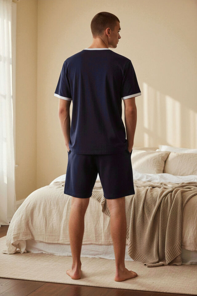 Erkek Pamuklu Lacivert Cepli Şortlu Pijama Takımı Lacivert - Beyaz - XL