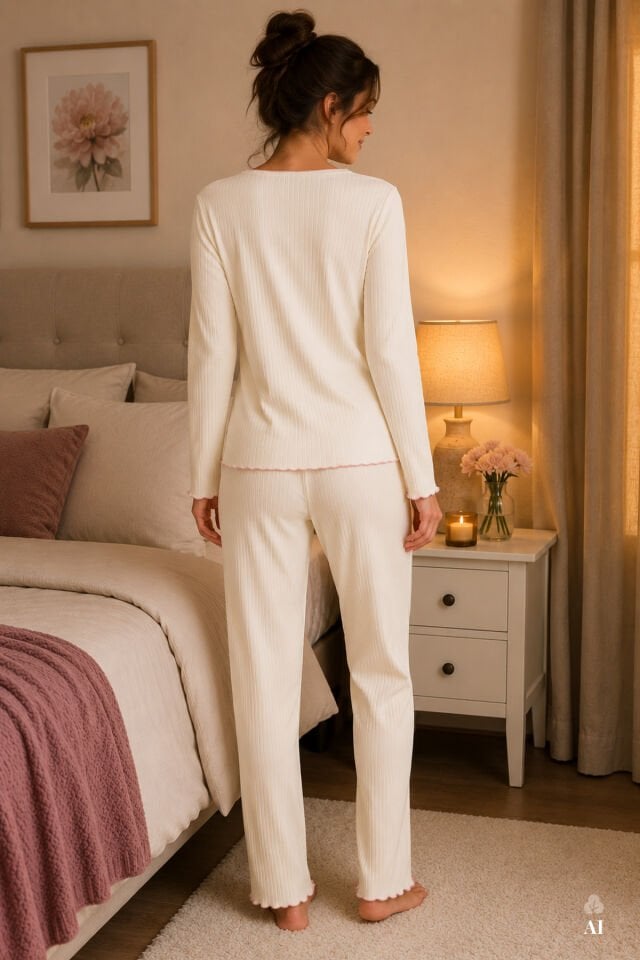 Kadın Soft Touch Fitilli Uzun Kollu Pijama Takımı Ekru - M