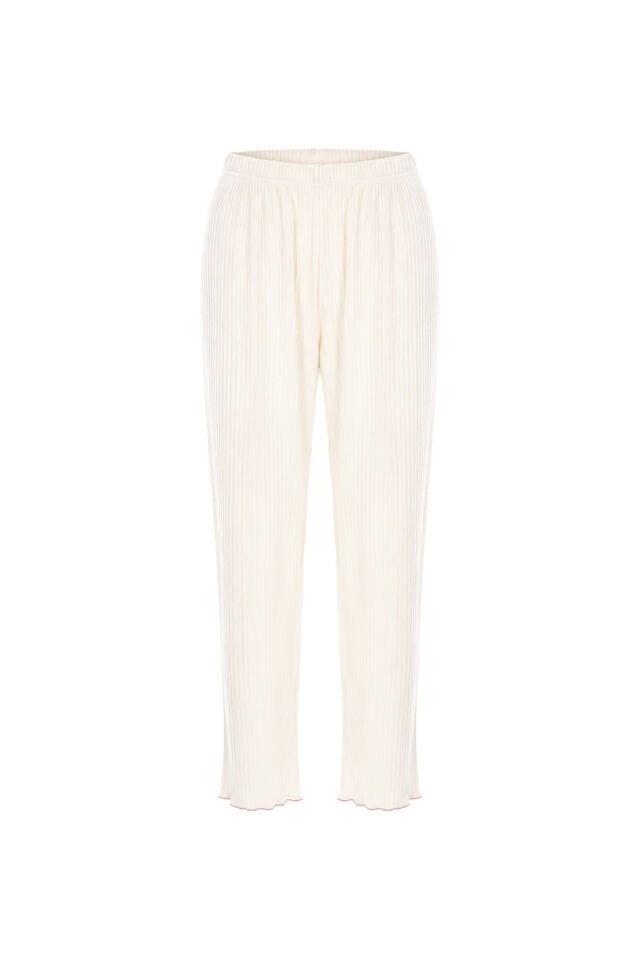 Kadın Soft Touch Fitilli Uzun Kollu Pijama Takımı Ekru - M