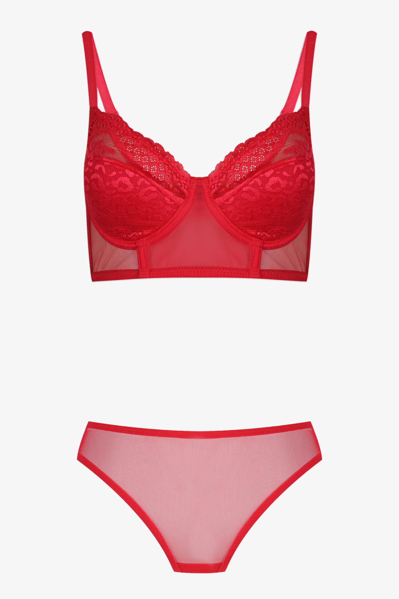 Sevgililer Günü Temalı Kadın Dolgusuz Kırmızı Leopar Desenli Tüllü Büstiyer Takım 80B - Kırmızı