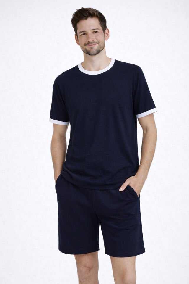 Erkek Pamuklu Lacivert Cepli Şortlu Pijama Takımı Lacivert - Beyaz - 2XL