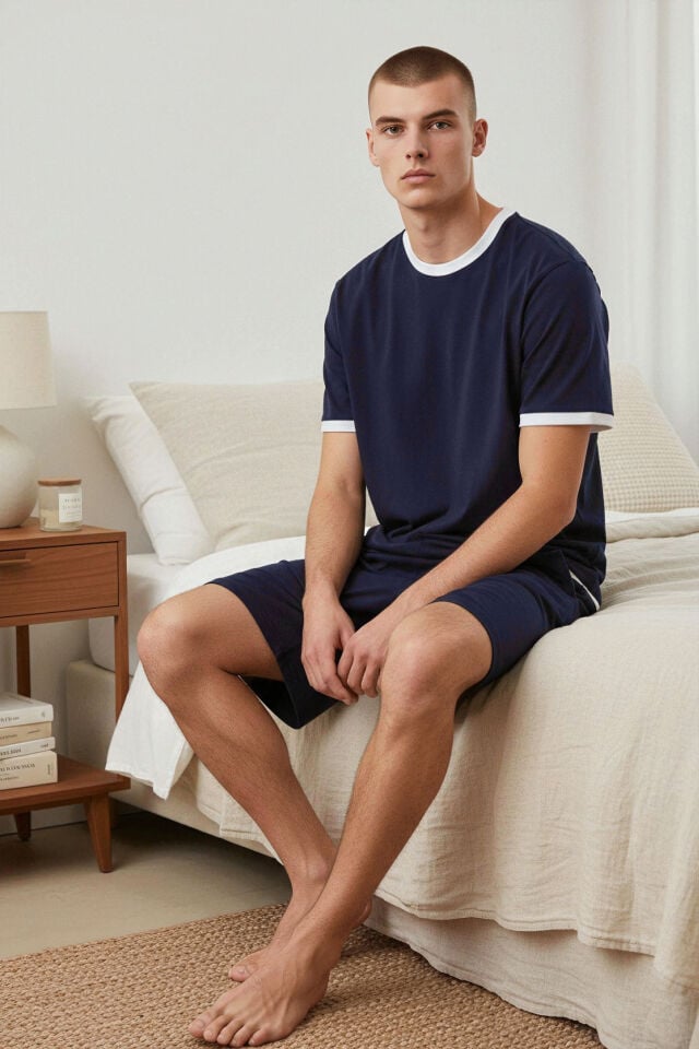 Erkek Pamuklu Lacivert Cepli Şortlu Pijama Takımı Lacivert - Beyaz - 2XL