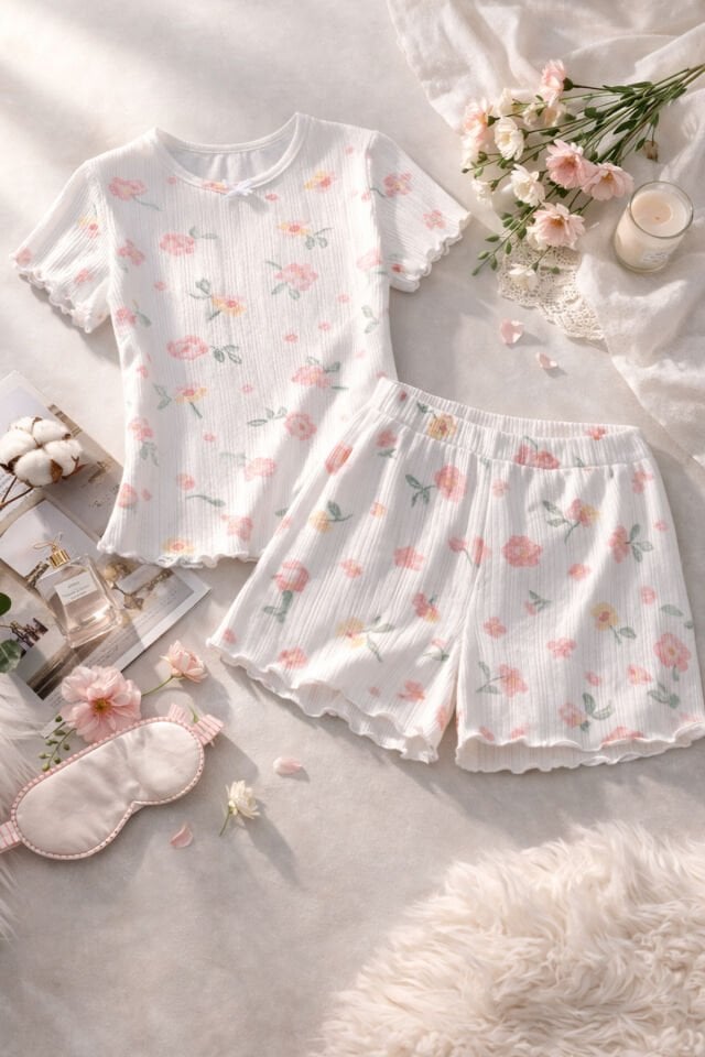 Kadın Pamuklu Çiçek Desenli Kısa Kollu Şortlu Pijama Takımı Pembe -  Beyaz - S