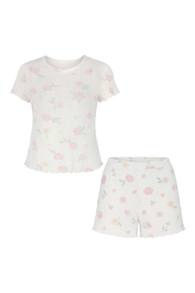 Kadın Pamuklu Çiçek Desenli Kısa Kollu Şortlu Pijama Takımı Pembe -  Beyaz - S
